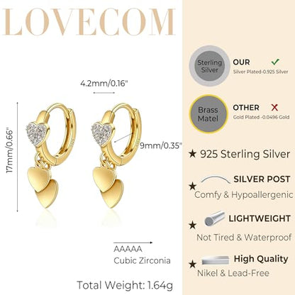 LOVECOM 925 Sterling Silver Heart Dangle Earrings for Women 14K Gold Plated Dainty CZ Love Hearts Charm Huggie Hoop Earrings to Daughter Birthday Wedding Graduation Gifts Jewelry Gifts - color: Glod
