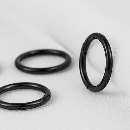4Pcs 16G 18G 20G Surgical-Steel-Piercing-Ring-Nose-Rings-Hinged-Hoop-Earrings,6mm 8mm 10mm 12mm Seamless Stainless Steel Clicker Eyebrow Septum Piercing Hoop,Sliver Black Gold Rose Gold Rainbow Body Jewelry Set - color: 16G 8mm Black