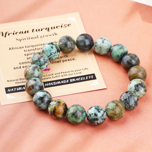 AD Beads Handmade Gemstone Stretch Elastic Bracelet Crystal Healing Reiki Nature's Beauty and Spiritual Essence Unisex (12mm, African Turquoise (Spiritual growth)) - color: African Turquoise (Spiritual Growth), size: 12mm