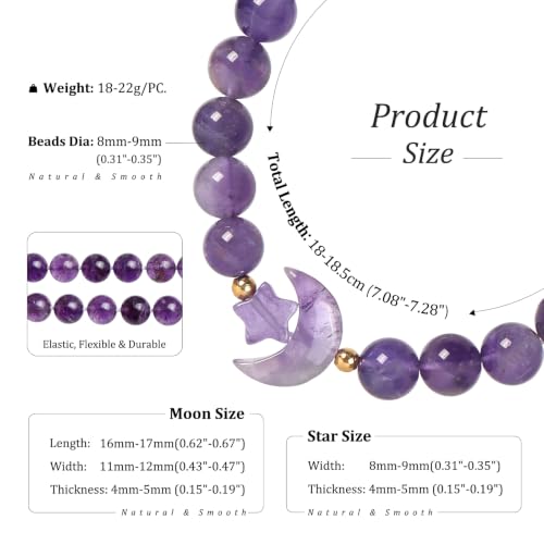 TUMBEELLUWA Half Moon Star Crystal Bracelet for Women Men | 8mm Beads Healing Crystal Bracelets, Elastic Stretch Design, Dainty Boho Celestial Jewelry, Daily Wear & Spiritual Gift
