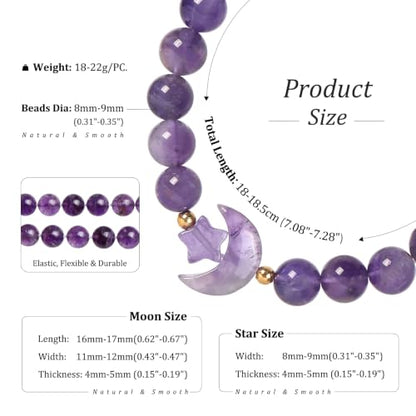 TUMBEELLUWA Half Moon Star Crystal Bracelet for Women Men | 8mm Beads Healing Crystal Bracelets, Elastic Stretch Design, Dainty Boho Celestial Jewelry, Daily Wear & Spiritual Gift