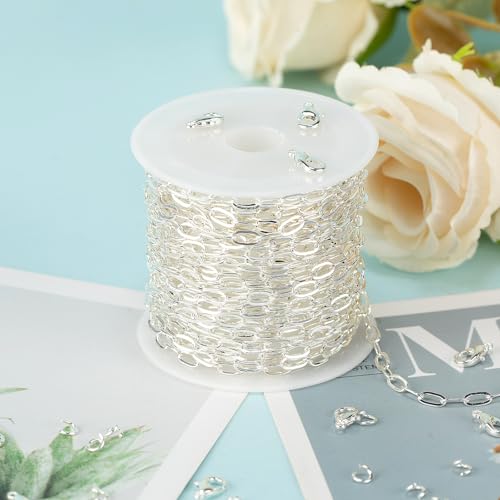 UMAOKANG 5 Meters Silver Chain for Women Necklace Bracelet DIY Paperclip Chains Bulk with Jump Rings and Lobster Clasps Jewelry Findings - color: Silver Paperclip