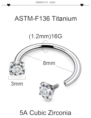 16G F136 Titanium Internal Thread Horseshoe Septum Nose Ring Piercing Jewelry Circular Barbell Helix Snug Tragus Rook Daith Cartilage Earring Lip Ring Piercing Jewelry for Women Men 8MM 10MM - style: 16G, 8MM Length, Clear CZ
