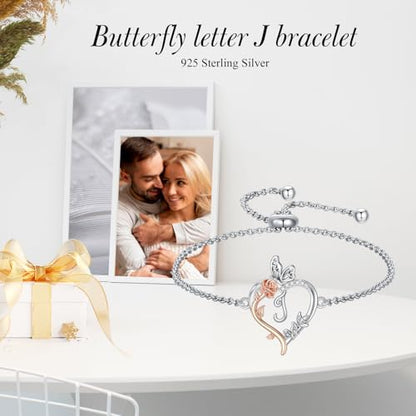 TOUPOP Gifts for Women Rose Heart Initial Bracelet 925 Sterling Silver Butterfly Letter Link Bracelet Love Jewelry Anniversary Birthday Gifts for Wife Girlfriend Mom Her - style: Initial J