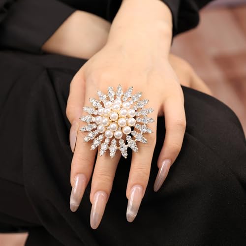 Elegant Big Crystal Ring for Women Gold Stacking Pearl Rhinestone Flower Rings Open Finger Adjustable Crystal Statement Ring Jewelry for Bridal Wedding - color: Crystal 2-silver
