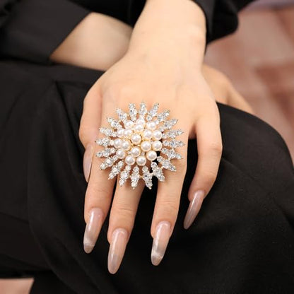 Elegant Big Crystal Ring for Women Gold Stacking Pearl Rhinestone Flower Rings Open Finger Adjustable Crystal Statement Ring Jewelry for Bridal Wedding - color: Crystal 2-silver