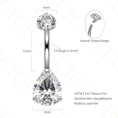 Titanium Floating Belly Button Rings 14G, ASTM F136 Implant-Grade Curved Barbell, Internal Thread with 6mm Teardrop Gems, Sparkle Navel Piercing Jewelry, 10mm/12mm Length - color: Teardrop Silver-Clear CZ, size: 1/2"(12mm)