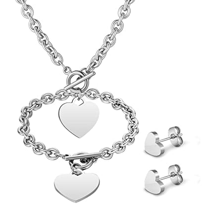 3 Pcs Heart Bow Snow Jewelry Set | Heart Necklace with Bracelet Earring, Snow Jewelry Set for Women, Bow Charms Toggle Gifts - color: Silver, style: Stainless Steel Heart