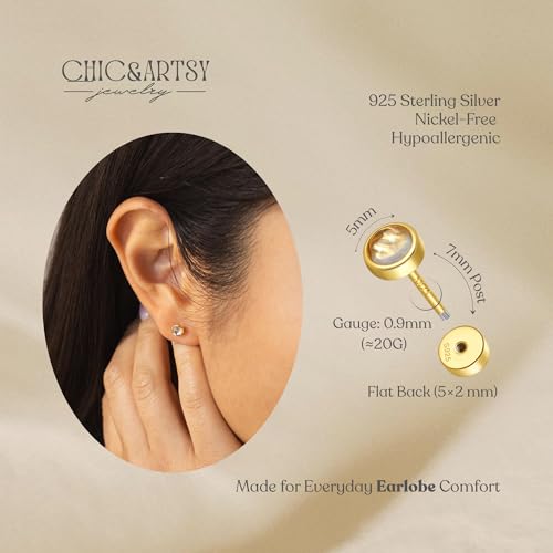 CHIC & ARTSY 18K Gold Plated Solid 925 Sterling Silver Flat Back Earrings for Women Multiple Piercings Screw Back Earrings Cartilage Hypoallergenic Jewelry - style: 925 Silver Flat Back #05