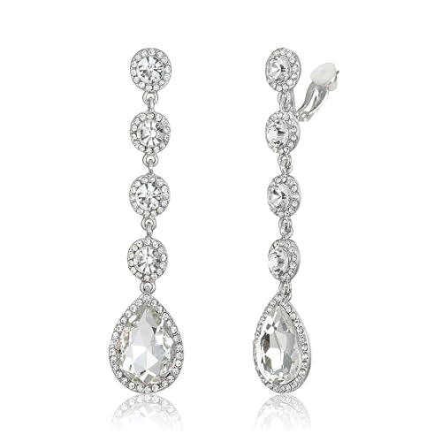 EleQueen Women's Wedding Crystal Teardrop Pear Shape 3 Inch Clip on Long Dangle Earrings for Bride Bridesmaid, Jewelry for Party Prom/Anniversary - color: White Silver-Tone