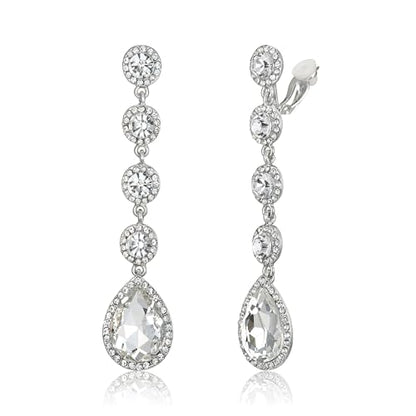 EleQueen Women's Wedding Crystal Teardrop Pear Shape 3 Inch Clip on Long Dangle Earrings for Bride Bridesmaid, Jewelry for Party Prom/Anniversary - color: White Silver-Tone