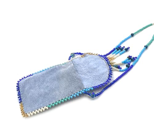 Mia Jewel Shop Authentic Leather Suede Medicine Pouch Seed Bead Fringe Dangle Necklace - Womens Fashion Handmade Bags Boho Travel Accessories - color: Light Blue