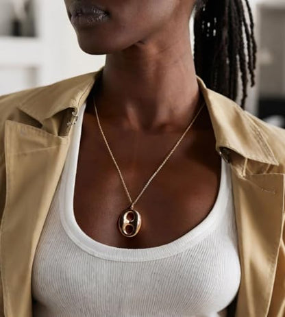 18k Gold Plated Chain Link Necklace for Women, Baroque Pearl/Compass Pendant Necklace - color: Coffee Bean
