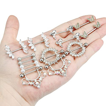 Cisyozi Butterfly Nipple Rings 14G Nipple Piercing Jewelry Stainless Steel Nipple Tongue Ring Barbell Piercing Jewelry for Women 14mm Silver Black Purple Rose Gold 7Pairs - color: 14G(1.6mm) Silver Set
