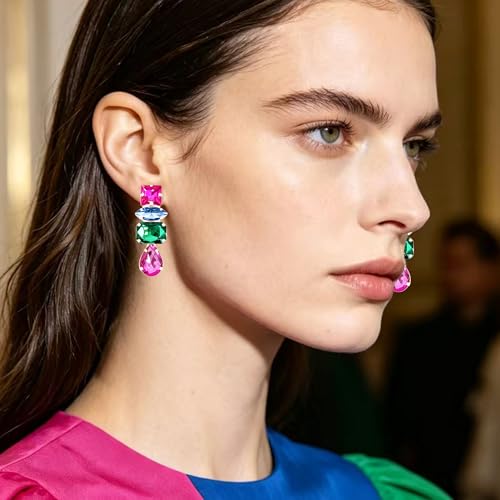 Dainty Sparkly Crystal Square Teardrop Circle Dangle Drop Earrings Long Chic Glitter Rhinestones Geometry Stud Earrings For Women - style: Rose Red Blue Green