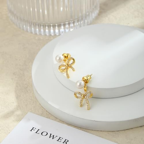 Chunky Hoop Huggie Dangle Tassel Pearl Bow Heart Charm Stud Cilp-on Earrings for Women, 14K Gold plated/Sterling Silver Plated CZ Large Jewelry Vintage Dainty Trendy Gift Daily Prom Party - style: Pearl Bow-GD