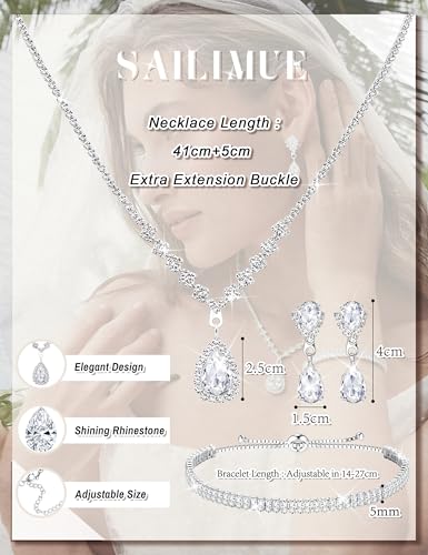sailimue Wedding Jewelry Sets for Brides Bridesmaid Women Prom jewelry | Silver Plated Rhinestone Crystal Necklace Bracelet Earrings Wedding Bridal Bridesmaid Costume Accessories - color: Silver B