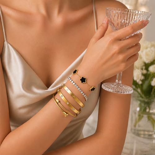 18K Gold Plated Love Bangle Bracelet Stack for Women, Adjustable Clover Bracelet & CZ Tennis Chain Set, Stackable Layered Jewelry, Fade Resistant, Long-Lasting Luster for Daily Wear & Gift - color: 5Pcs Gold Black