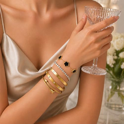 18K Gold Plated Love Bangle Bracelet Stack for Women, Adjustable Clover Bracelet & CZ Tennis Chain Set, Stackable Layered Jewelry, Fade Resistant, Long-Lasting Luster for Daily Wear & Gift - color: 5Pcs Gold Black