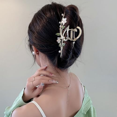 Floral Hair Claw Clip with Faux Pearl & Crystal, Green Leaf Cat Eye Flower Hair Grab Clip, Elegant Hair Accessory for Women Bun Updo Styling