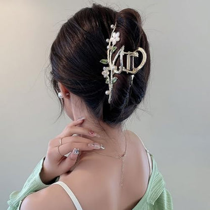 Floral Hair Claw Clip with Faux Pearl & Crystal, Green Leaf Cat Eye Flower Hair Grab Clip, Elegant Hair Accessory for Women Bun Updo Styling