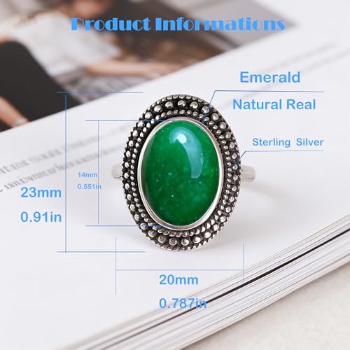 Retro Sterling Silver Stone Ring,Antique Natural Real Oval Crystal Quartz Gemstone Boho Bohemian Ring Jewelry for Women - color: A17_Emerald