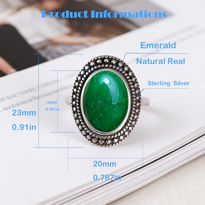 Retro Sterling Silver Stone Ring,Antique Natural Real Oval Crystal Quartz Gemstone Boho Bohemian Ring Jewelry for Women - color: A17_Emerald