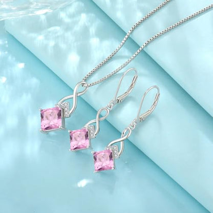 Infinity Necklace 925 Sterling Silver Princess Cut Pendant Birthstone Jewelry for Women - color: Pink