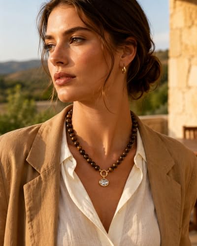 Natural Stone Beaded Necklace for Women 10mm Round Tiger Eye Bead Choker with Detachable Crystal Pendant Adjustable Boho Statement Jewelry Gift