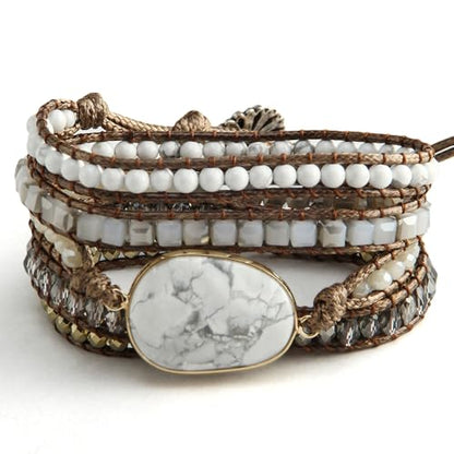 Handmade Boho Wrap Bracelets Natural Turquoise Crystal Stone Variety Beaded Strand Bracelet - color: White Turquoise