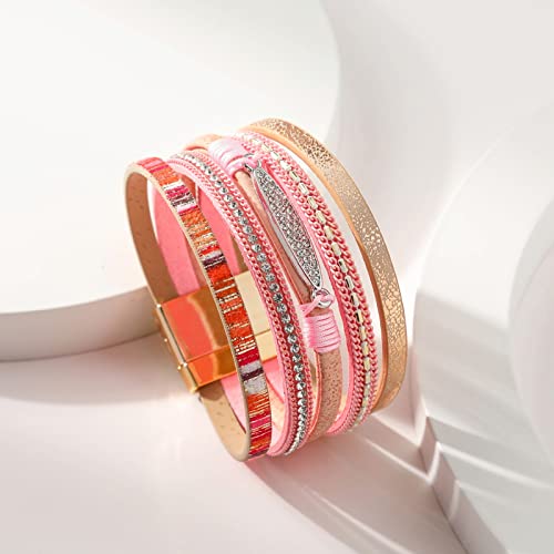 Long tiantian Boho Western Bracelets for Women Leather Wrap Bracelets Turquoise Bracelet Western Jewelry Country Concert Outfits - color: all weather bangles(pink)