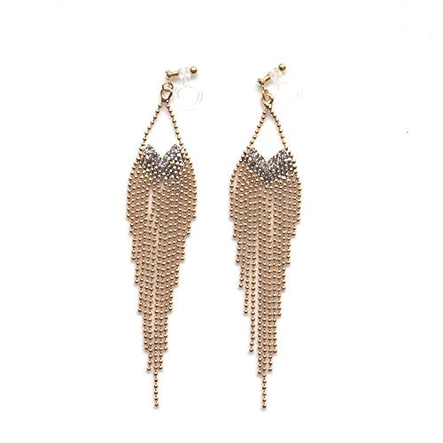Dangle Silver Invisible Clip On Earrings for Women Not Pierced Gold Crystal Rhinestone Comfortable Hoop Fringe Long Chain Clip On Earrings - color: Fringe Gold 1