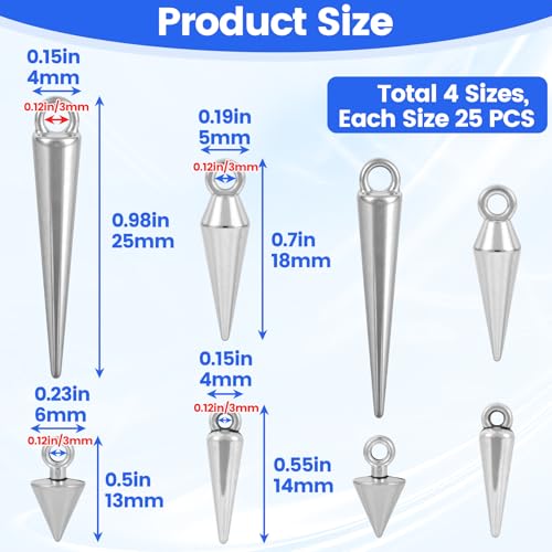 Cone Charm, Punk Style Spike Pendants with Small Hole, Glossy Gothic Dangle Cone Pendants Charm - color: Silver,zinc alloy,100pcs,4 sizes