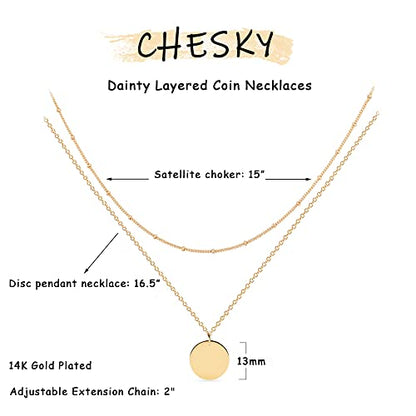 CHESKY 14K Gold Plated Silver Dainty Satellite Choker Necklace for Women | Layered Beaded Chain Necklace, Thin Choker Jewelry, Dainty Gold necklace, Minimalist Trendy Jewelry, Daily Gift for Women - style: Layered Satellite Coin-Gold