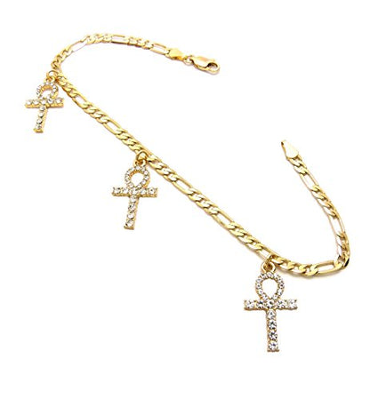 Fashion 21 Women's Cross, Ankh, Queen Nefertiti Piece 10 inches Figaro Chain Anklet Foot Bracelet in Gold Tone - style: Three Ankh Pieces / Figaro