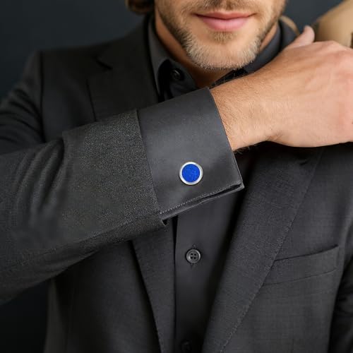 Mr.Van Men's Round Cufflinks, Classic Rhodium Plated Brass Cuff Links for Dress Shirt, Wedding, Business, Formal Occasions - color: Lapis lazuli