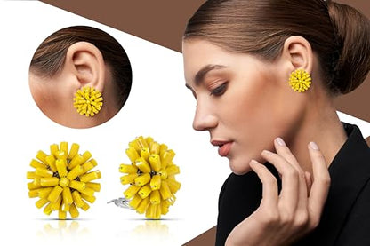 Vibrantly Bright Fluorescent Yellow Burst Crystal Bead Cluster Clip-On Earrings