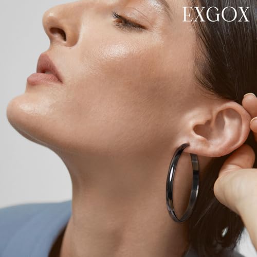 EXGOX 5mm Wide Gold Hoop Earrings for Women,Sterling Silver Hoop Earrings Large Silver Hoop Earrings Hypoallergenic Lightweight 14K Real Gold Plated Big Hoop Earrings for Women 30/40/50/60/70mm - color: Black Hoop-50mm