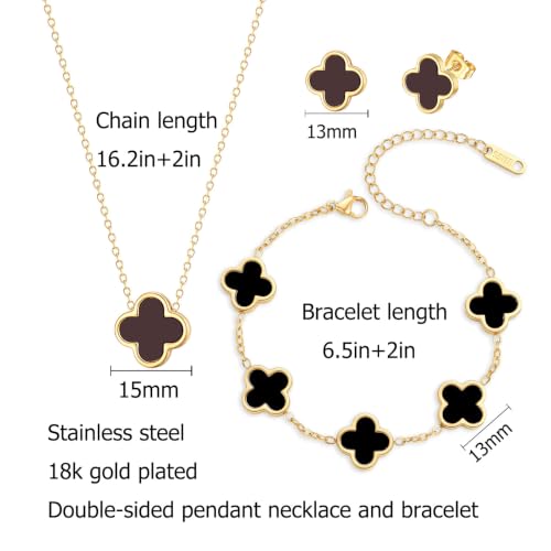 Clover Necklace Bracelet and Stud Earrings Jewelry Sets for Women | 18K Gold Plated Stainless Steel, Black/White Four Leaf Clover set,Christmas Birthday Lucky Gifts for Mom Wife Girlfriend - color: Gold Black 3PCS