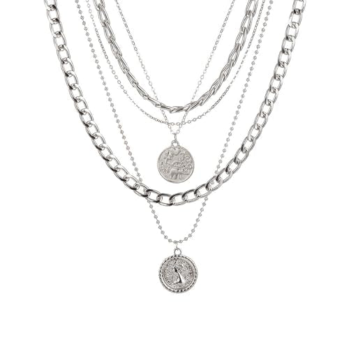 GIGB PBDK Chunky Layered Coin Pendant Necklaces for Women Gold Cuban Link Chain Statement Necklaces Punk Halloween Bachelor Party Holiday Vacation Accessory - color: Silver