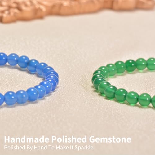 2PCS Agate Bracelet for Women Men Natural Round Beaded Agates Stone Healing Stretch Bracelets Elastic Handmade Polished Gemstone Beads Bracelet - color: Blue+Green, size: 6mm Beads