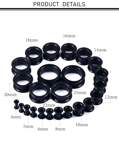 10G-25mm Thin & Thick Silicone Ear Gauges Tunnels Stretching Kit Double Flared Rubber Gauges Tunnels Plugs Flexible Soft Tunnels Earrings Gauge Kit for Women Men - color: Thick Black 6G-25mm