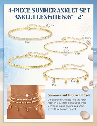 Subiceto Ankle Bracelets for Women Waterproof - 14K Gold Plated Non Tarnish Anklets Set Dainty Stainless Steel Stackable Layered for Beach Summer Jewelry Adjustable - color: 4Pcs CZ-14K Gold Plated