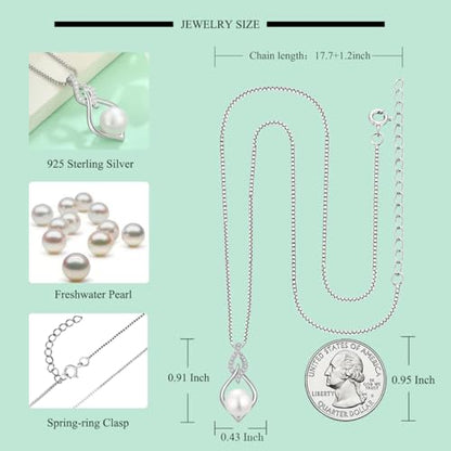 STARCHENIE 925 Sterling Silver Infinity Pearl Necklace for Women | 8mm Freshwater Cultured Pearl，925 Sterling Silver 18"+2" Chain，Christmas Mother's Day Jewelry Gift for Mom, Sister, Friend - color: Silver