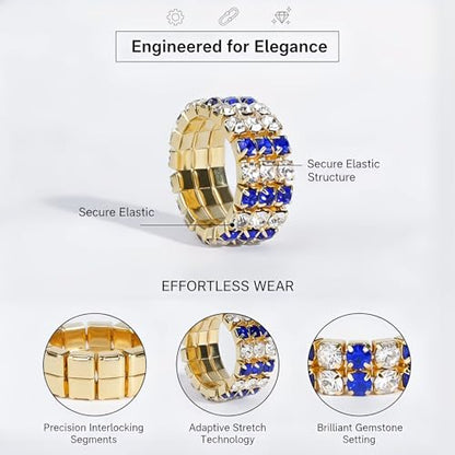 Sparkling Rhinestone Ring Set Trendy Elastic Rhinestone Crystal Stretch Ring Stackable Jewelry for Women Girls - color: 3 Rows Ring-Golden+White+Blue