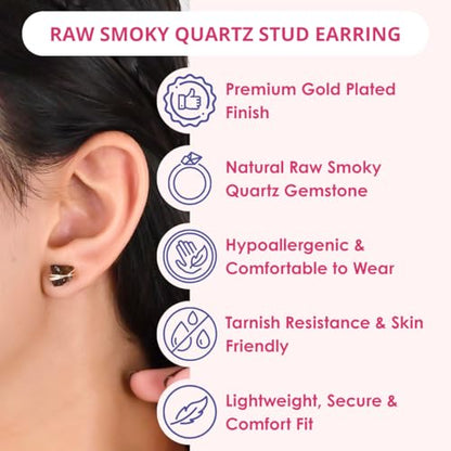 Gempires Wire Wrapped Raw Gemstone Stud Earrings for Women, Birthstone | Handmade wire-wrapped raw gemstone stud earrings — choose from stones and birthstones, artisan raw crystals on gold. - style: Smoky Quartz