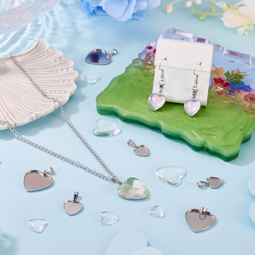 Craftdady Stainless Steel Pendant Cabochon Settings Heart Square Teardrop Flat Round Oval Rectangle Blank Bezel Trays Base Pendant with Glass Cabochons for DIY Earrings Necklace Jewelry - color: Stainless Steel Color Heart 3 Styles