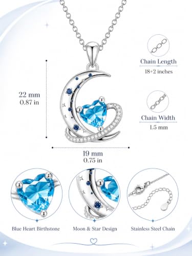 Birthstone Necklace for Women White Gold Moon and Star Pendant Moon Jewelry Anniversary Birthday Gifts for Mom Wife Her - color: 03. March - Aquamarine