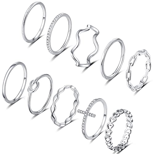 ZOERAY Gold Silver Stackable Rings for Women Non Tarnish CZ Ring Set | 10PCS 14K Gold Plated, Dainty Stacking Band Rings, Cross Wave Paperclip Knot Knuckle Thumb Ring, Jewelry Gifts, Size 4-11 - color: Silver
