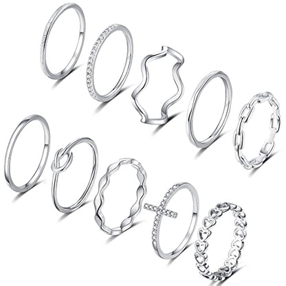 ZOERAY Gold Silver Stackable Rings for Women Non Tarnish CZ Ring Set | 10PCS 14K Gold Plated, Dainty Stacking Band Rings, Cross Wave Paperclip Knot Knuckle Thumb Ring, Jewelry Gifts, Size 4-11 - color: Silver